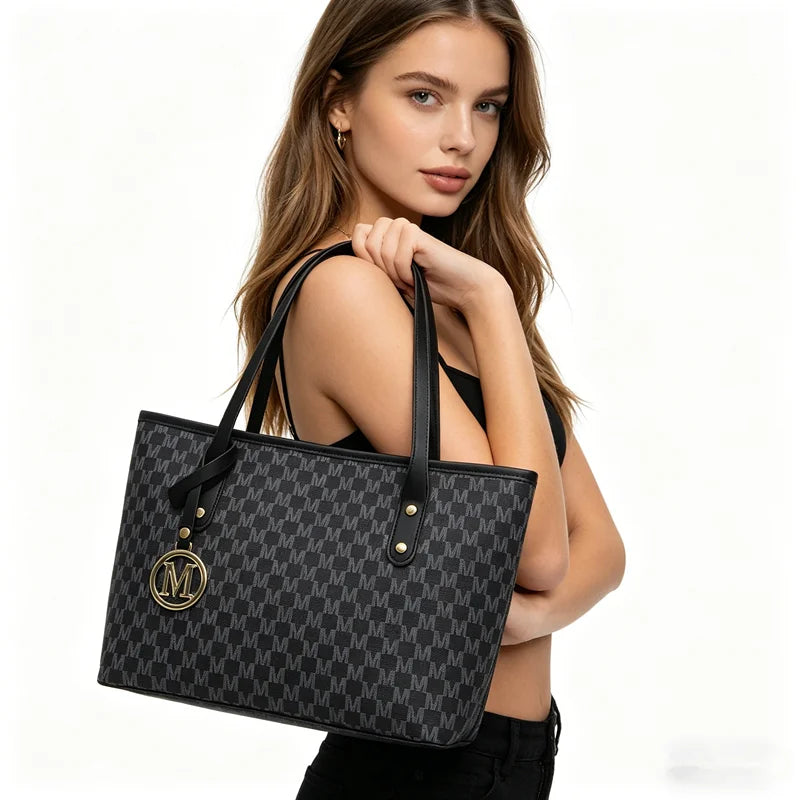 Chic Monogram Pu Tote Bag Gold M Pendant Spacious Stylish Handbag Shoulder Bags Women Everyday Use