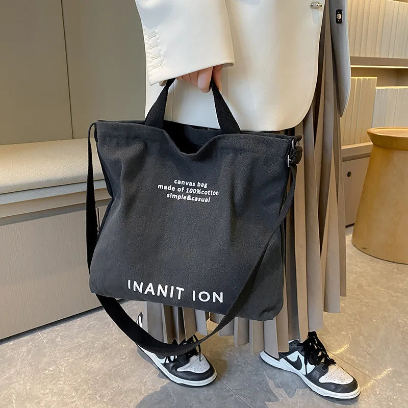 Retro Letter Print Tote Bag Trendy Canvas Crossbody Bag Literary Shoulder Bag School Work Travel