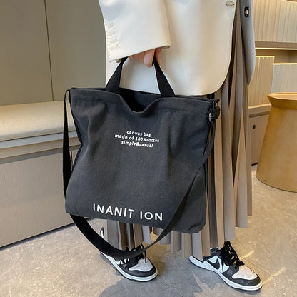 Retro Letter Print Tote Bag Trendy Canvas Crossbody Bag Literary Shoulder Bag School Work Travel