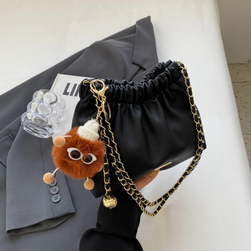 Ruched Woman Crossbody Bags Cute Fluffy Monster Bag Charm Two Tone Metal Chain Strap Faux Leather