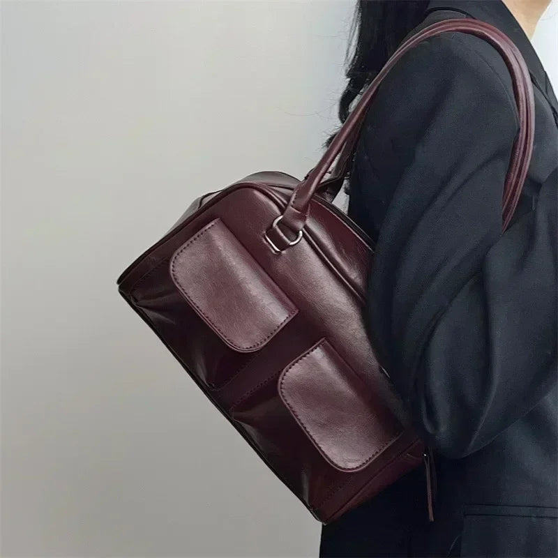 Vintage Women Business Shoulder Bags Simple Ladies Commute Tote Bag Pu Leather Female Underarm