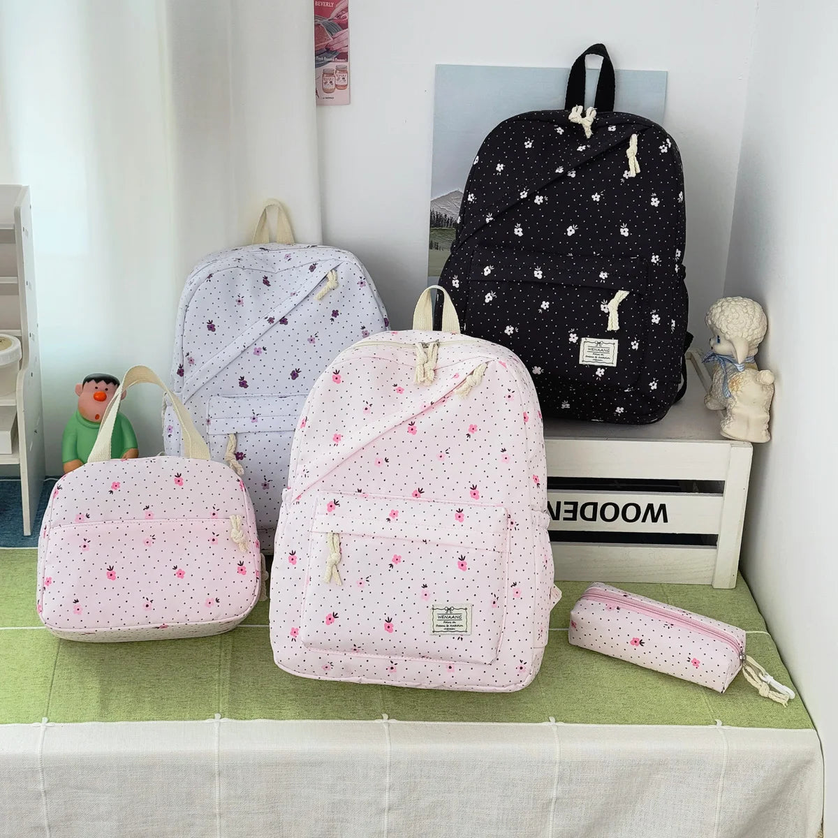 Gentle Sweet Wavelet Dot Strawberry Printed Three Piece Backpack Lightweight Multifunctional Cute