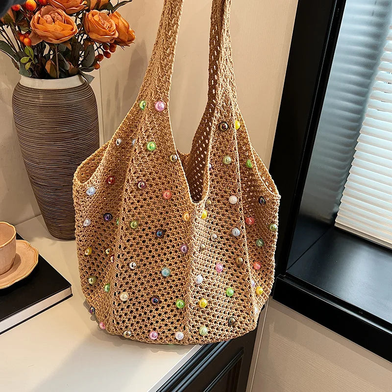 Beaded Crochet Tote Bag – Large Capacity Knit Mesh Shoulder Bag