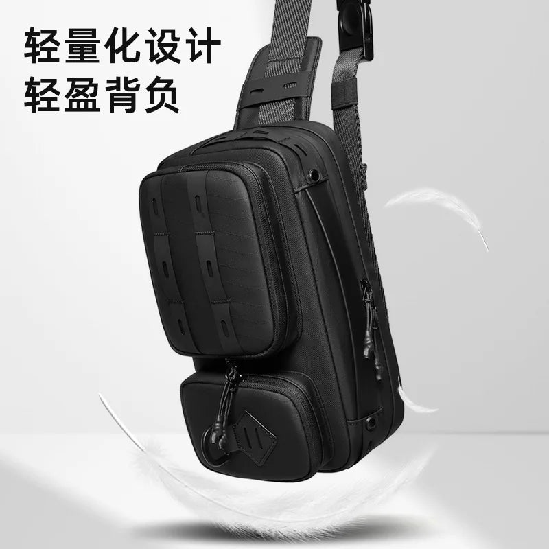 Men S Waterproof Leather Film Single-Shoulder Backpack Tactical Chest Bag Crossbody Lightweight