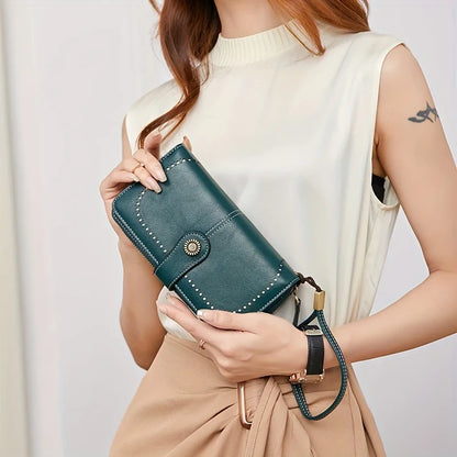RFID Blocking Vintage Leather Wallet – Large Wristlet Clutch for Women