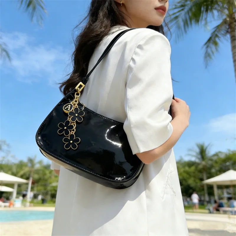 Glossy Patent Leather Shoulder Bag with Floral Keychain