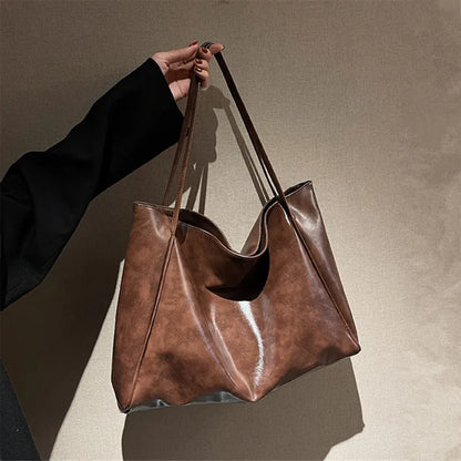 Large Capacity Retro PU Leather Tote Bag – Women's Shoulder Handbag