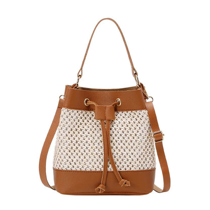Faux Leather Straw Crossbody Bags Drawstring Closure