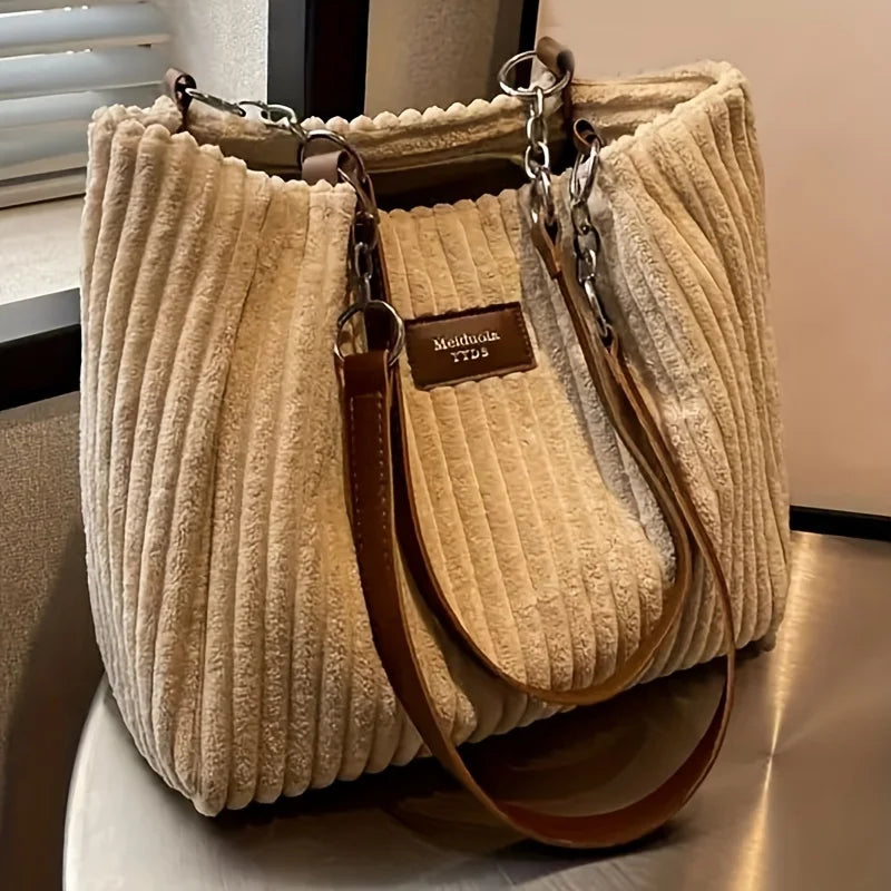 Corduroy Tote Bag with Chain Strap – Large Shoulder Bag