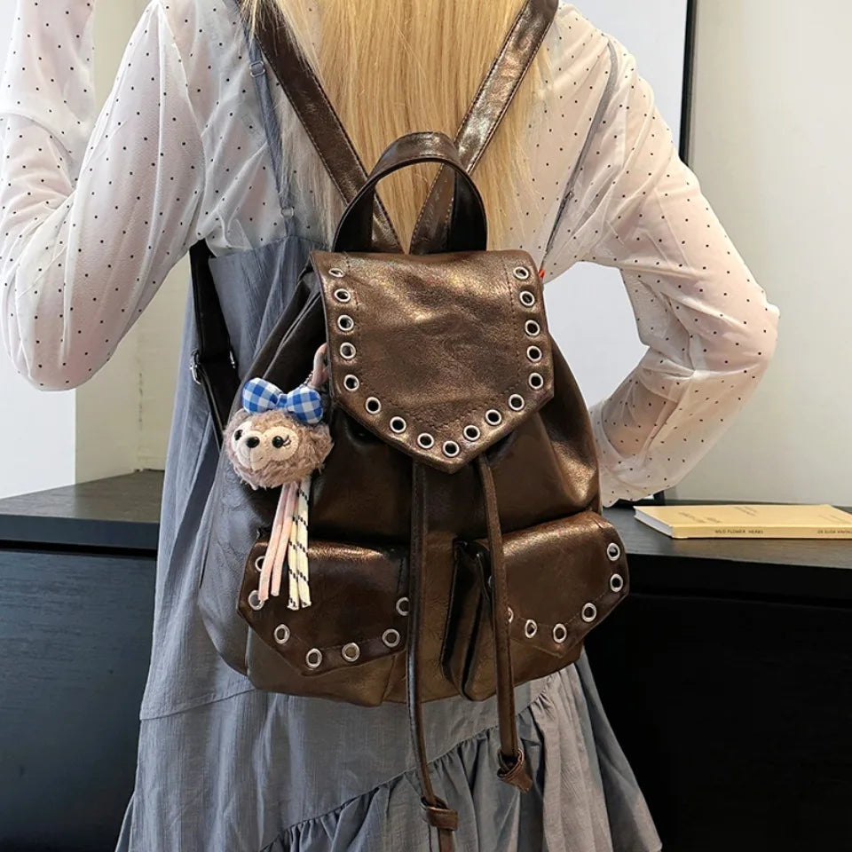 Rivet PU Leather Backpack for Women – Trendy Waterproof School & Travel Bag