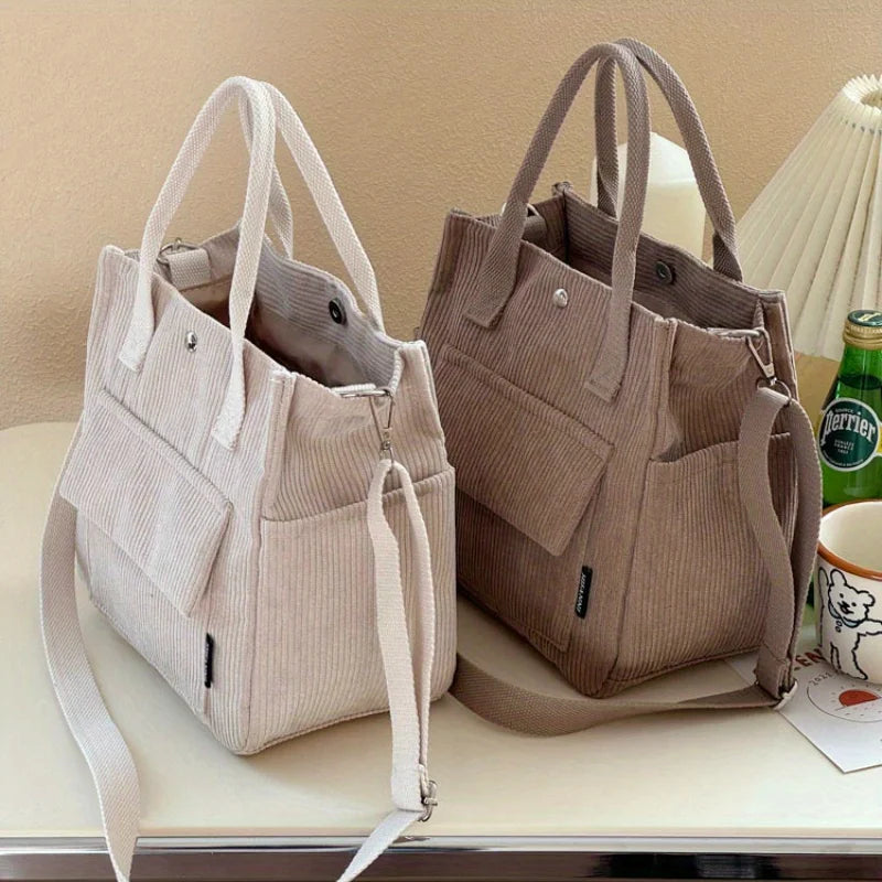 Washable Corduroy Tote Bag with Multiple Pockets