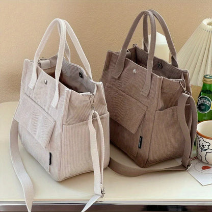 Washable Corduroy Tote Bag with Multiple Pockets