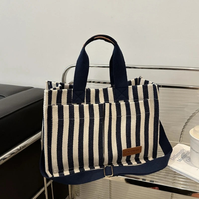 Striped Canvas Tote Bag – Lightweight Shoulder Bag for Work & Daily Use