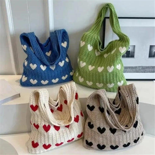 Knitted Heart Tote Bag – Women's Handmade Shoulder Bag