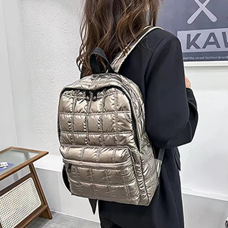 Quilted Metallic Backpack – Multi-Compartment Shiny Daypack for Women
