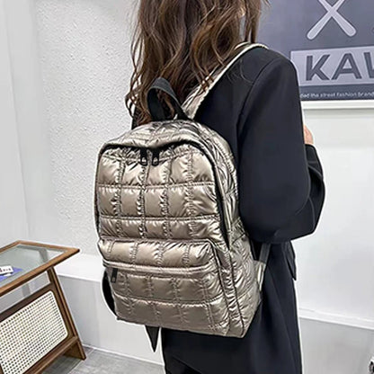 Quilted Metallic Backpack – Multi-Compartment Shiny Daypack for Women
