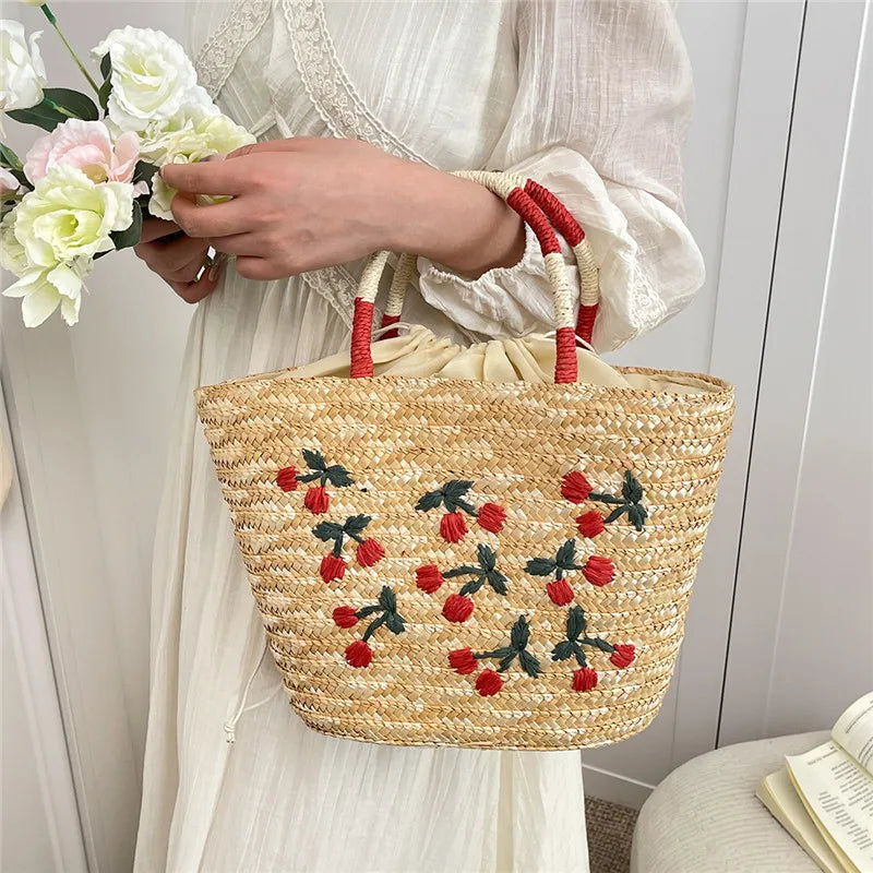 Straw Fruit Embroidery String Casual Sweet Tote Bags Spring