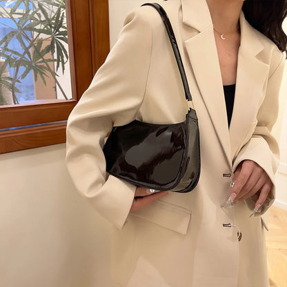 Stylish Casual Women S Underarm Bag Glossy Pu Shoulder Lightweight Solid Color Handbag Outings
