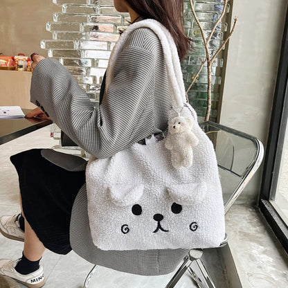 Fluffy Bear Tote Bag Women Cute Plush Shoulder Bag Large Capacity