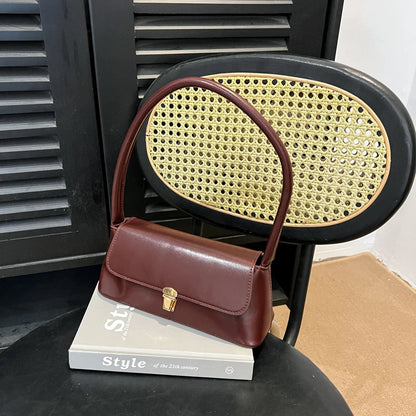 Spring Trendy Basics Underarm Bag Solid Color Pu Shoulder Metal Flap Handbag Commute Shopping