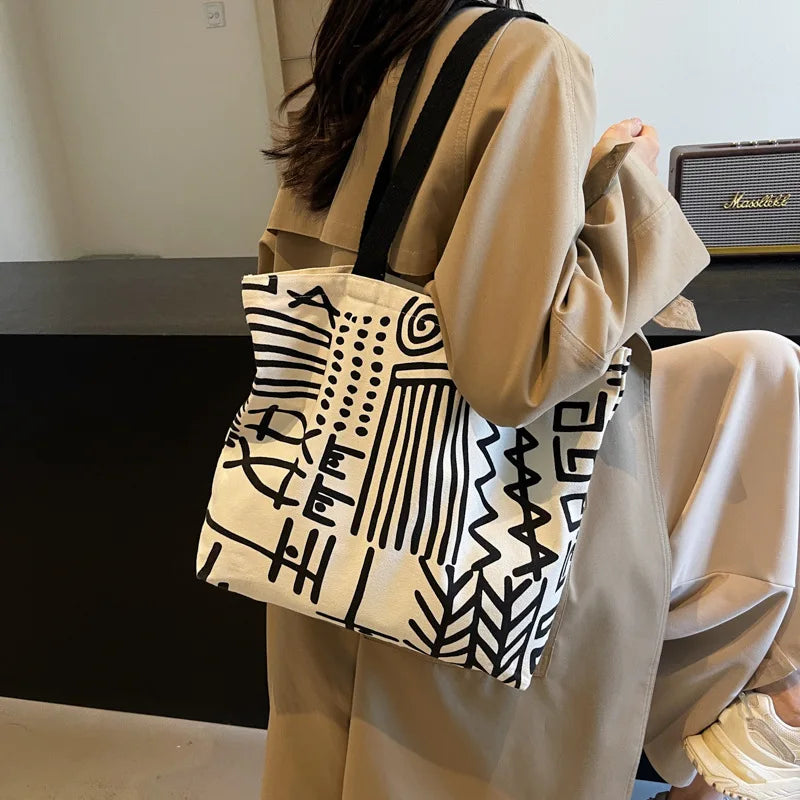 Large Canvas Tote Bag – Printed Stripe Pattern Shoulder Handbag