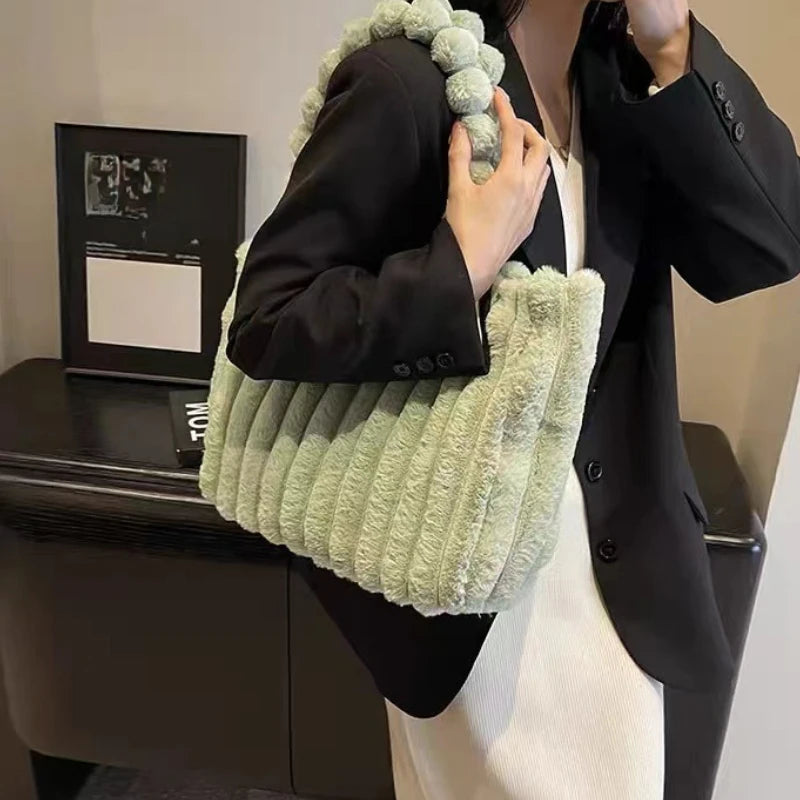 Plush Tote Bag Lightweight Large Capacity Shoulder Tote Bag Women S Solid Color Versatile Commuter