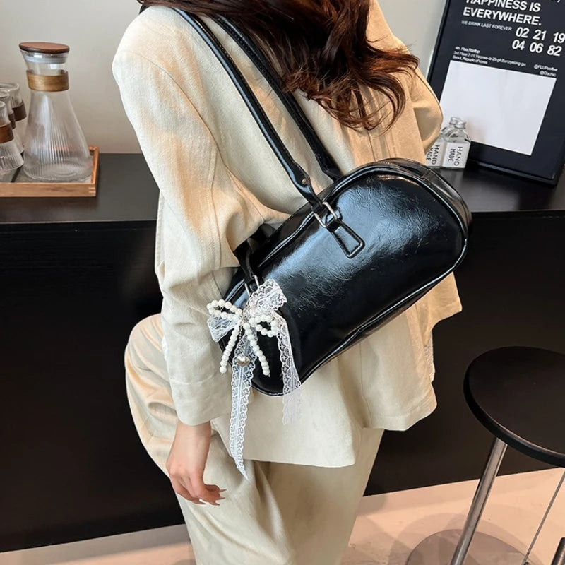 Patent Leather Shoulder Bag with Detachable Pearl Bow Lace Charm