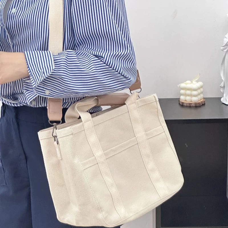 Large Canvas Tote Bag with Detachable Crossbody Strap