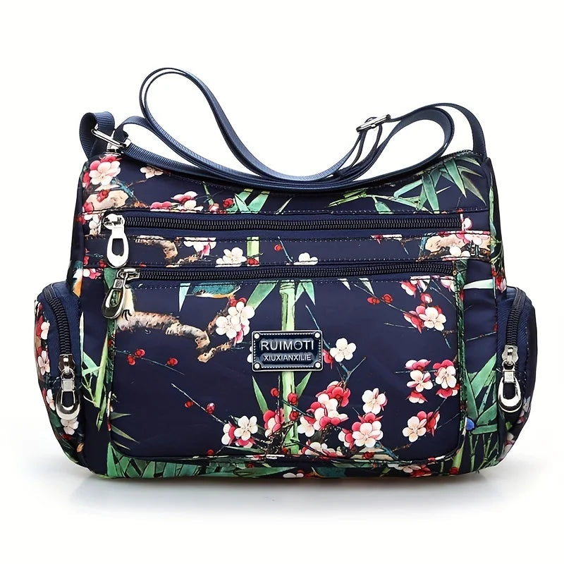 Floral Crossbody Bag for Women – Multi-Pocket Nylon Shoulder Bag