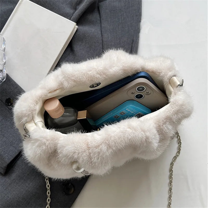 Faux Fur Crossbody Bag with Pearl Chain Strap