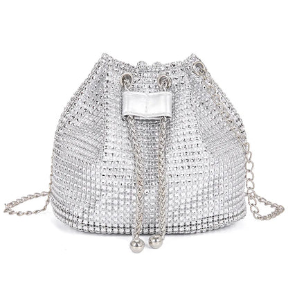 Rhinestone Drawstring Bucket Bag with Chain Strap