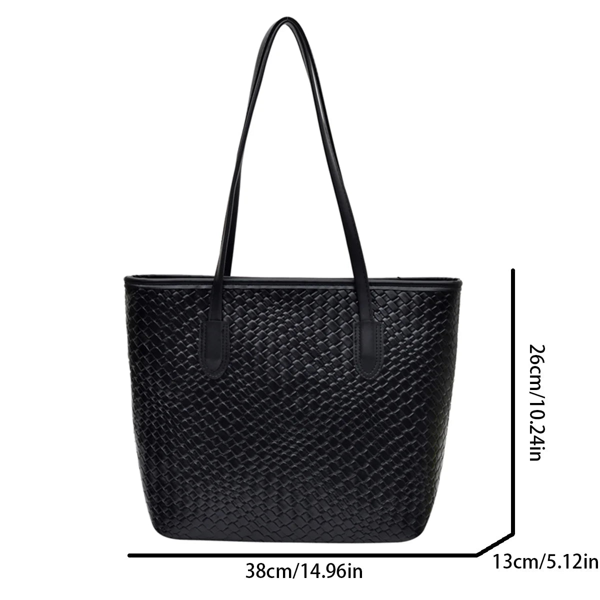 Retro Trendy Women Tote Bag Solid Color Glossy Pu Handbags Woven Texture Large Capacity Shopping