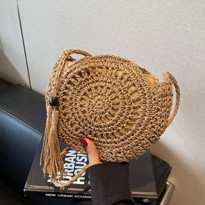 Women Hollow Straw Bag Circle Rattan Round Soft Paper Rope Shoulder Tassel Summer Beach Handmade