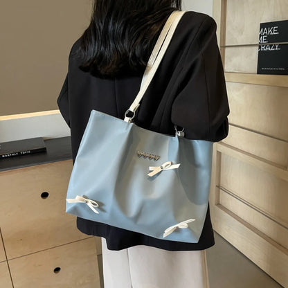 Women Large Capacity Bow Tote Bag Texture Casual Commute Shoulder Student School Daily Handbag