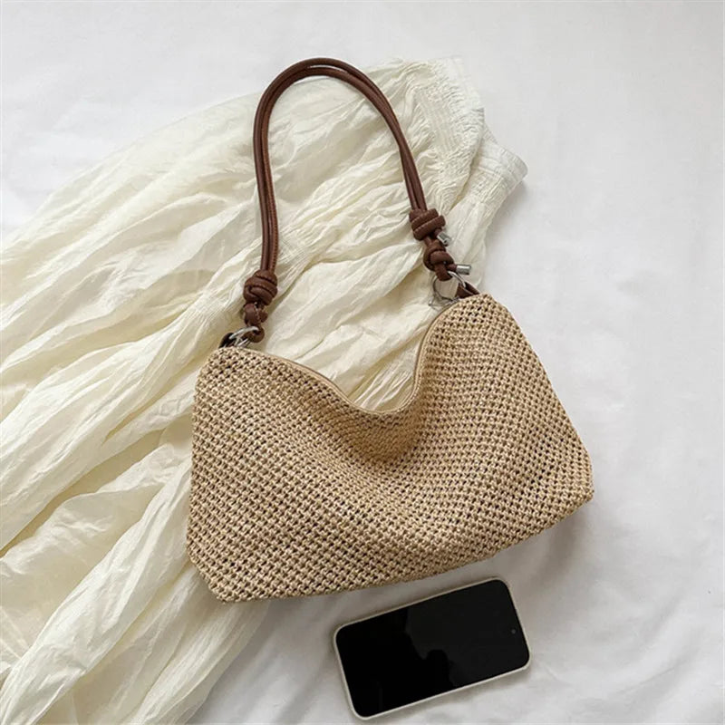 Straw Woven Shoulder Bag with Leather Handle – Women's Boho Handbag