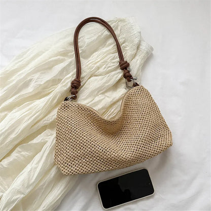 Straw Woven Shoulder Bag with Leather Handle – Women's Boho Handbag