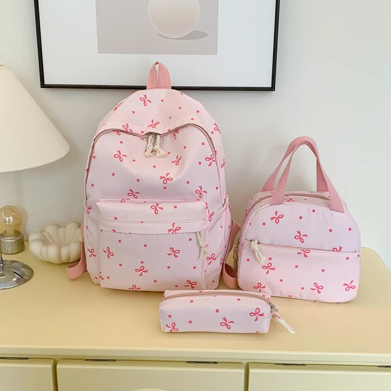 Campus Romance Trio Bow Pattern Backpack Handbag Quilted Multi-Pocket Large Capcity University Daily