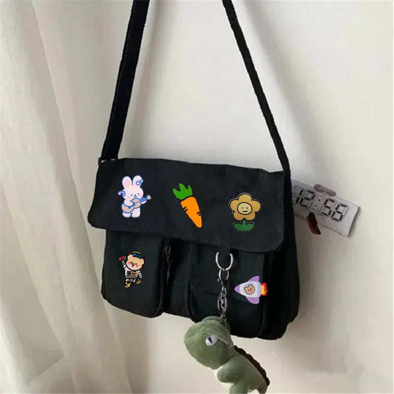 Canvas Crossbody Shoulder Bag – Cute Cartoon Patch School Bag