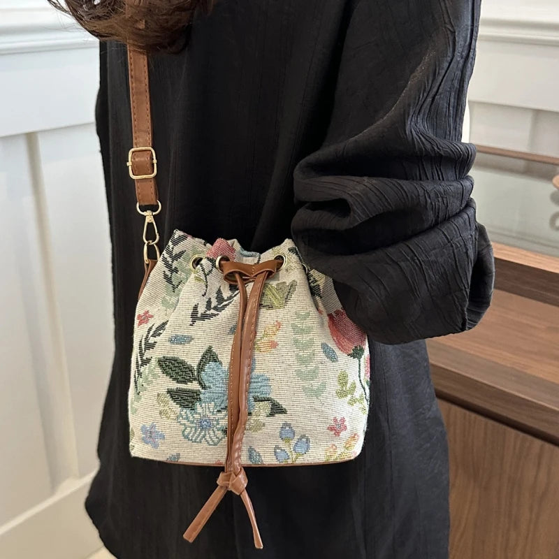 Floral Drawstring Bucket Bag for Women – Boho Crossbody Purse