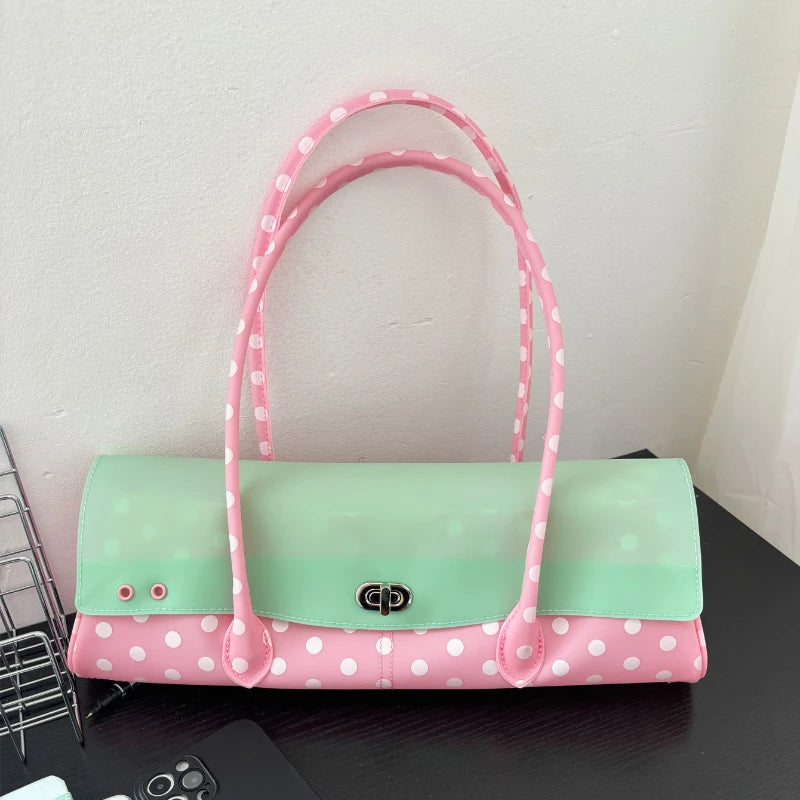 Color Block Polka Dot Jelly Leather Long Underarm Bag Lock Closure Large Capacity Portable Women
