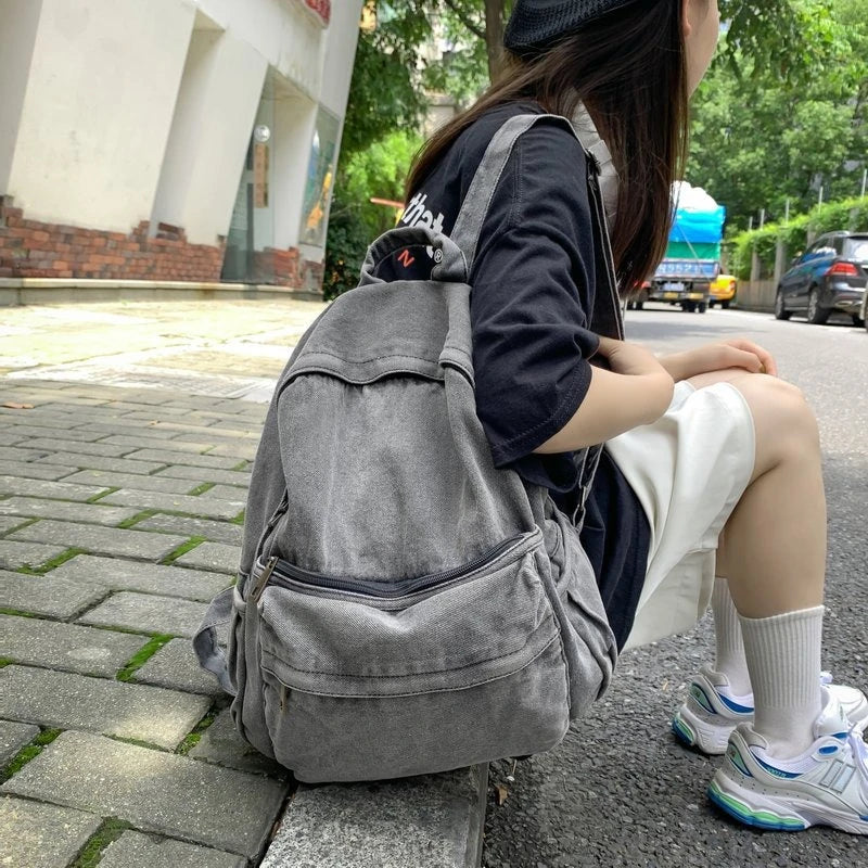 Denim Backpack – Vintage Soft Rucksack with Multiple Zipper Pockets for Girls & Students