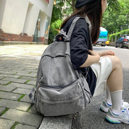 Denim Backpack – Vintage Soft Rucksack with Multiple Zipper Pockets for Girls & Students