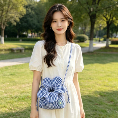 Red White Gingham Floral Crossbody Bag Petal Drawstring - Soft