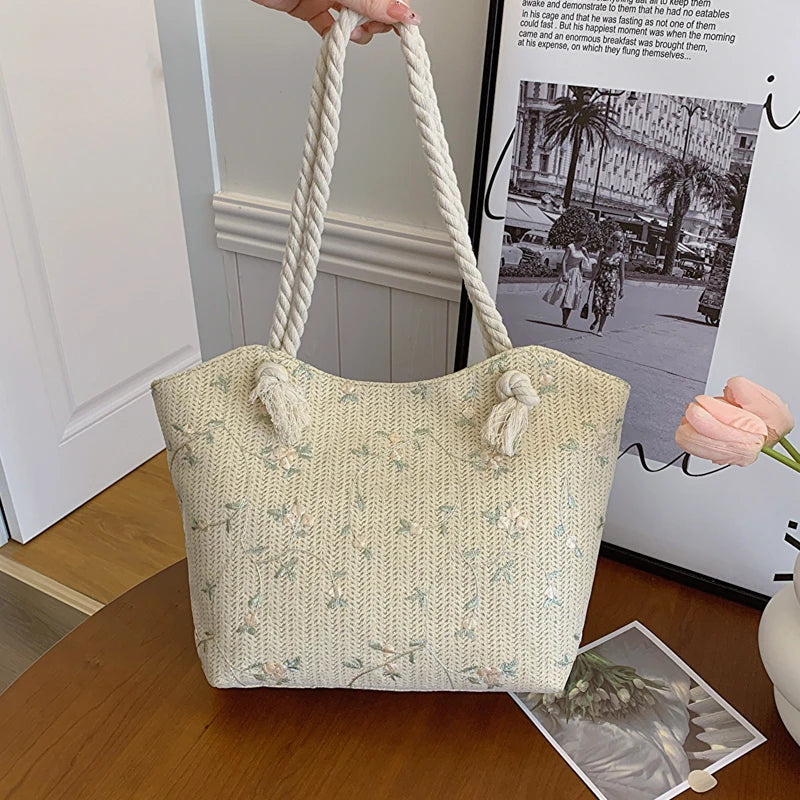 Spring Summer Styles Beach Straw Woven Women Shoulder Bag Flower Embroidery Handbags Large Capacity