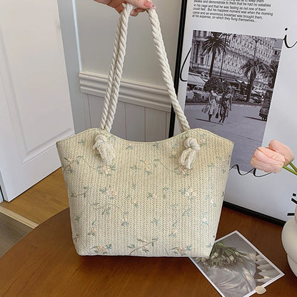 Spring Summer Styles Beach Straw Woven Women Shoulder Bag Flower Embroidery Handbags Large Capacity