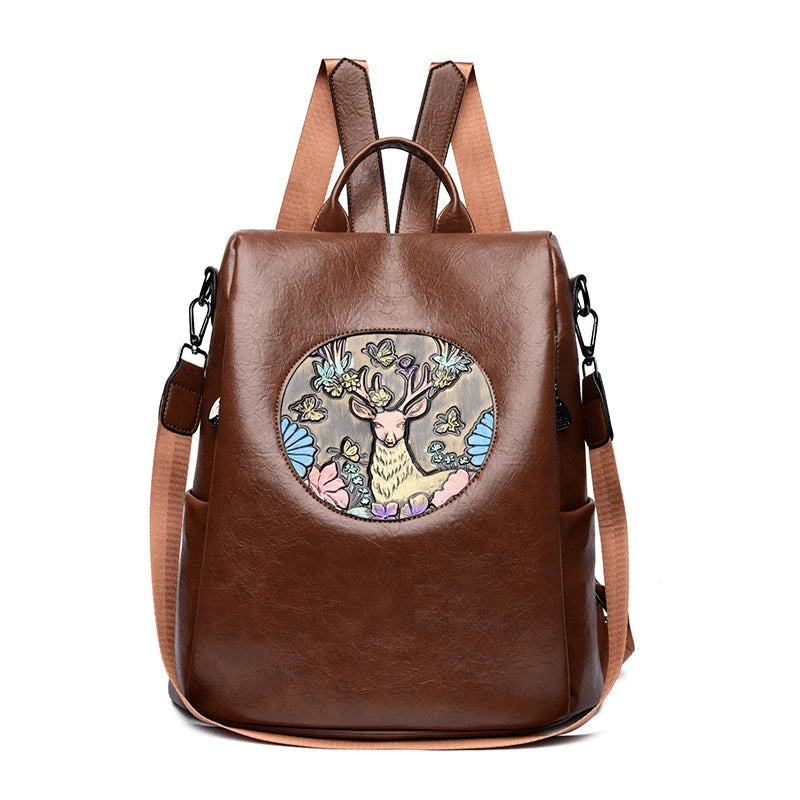 Anti-Theft Backpack with Deer & Elephant Print – 3-in-1 Waxed Leather Shoulder Bag