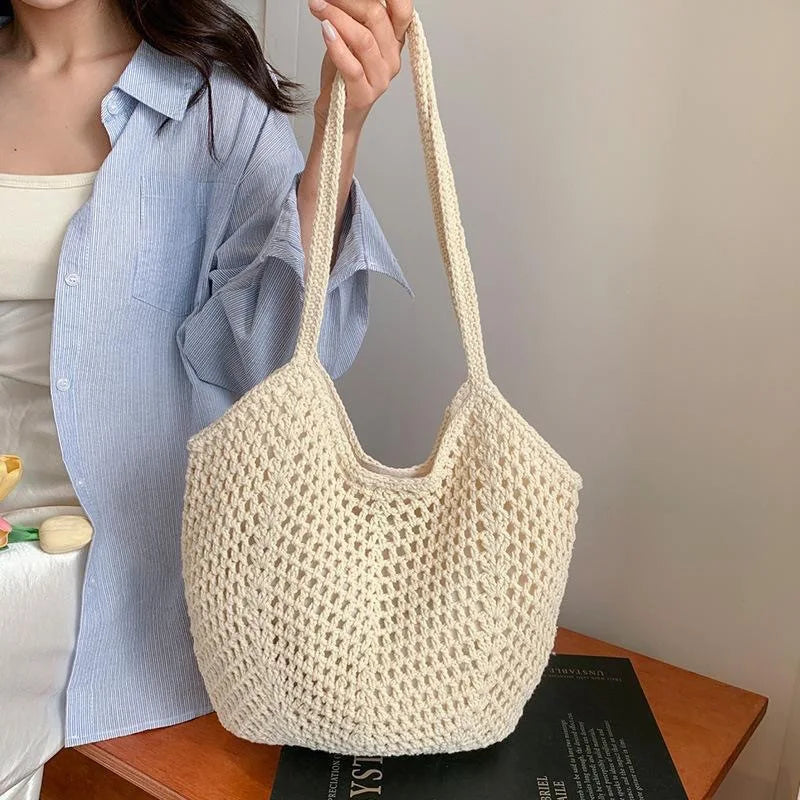 Summer Beach Tote Shoulder Bag Straw Weav Handbag Large Capacity Vacation Weaving Hollow Bags Women