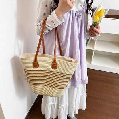 Vacation Fresh Women Tote Bag Solid Stripe Woven Shoulder Large Capacity Breathable Straw Handbag