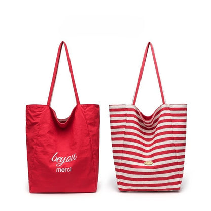 Striped Canvas Tote Bag – Double-Sided Large Shoulder Bag for Women
