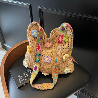 Boho Crochet Flower Tote Bag – Hollow Knit Shoulder Bag